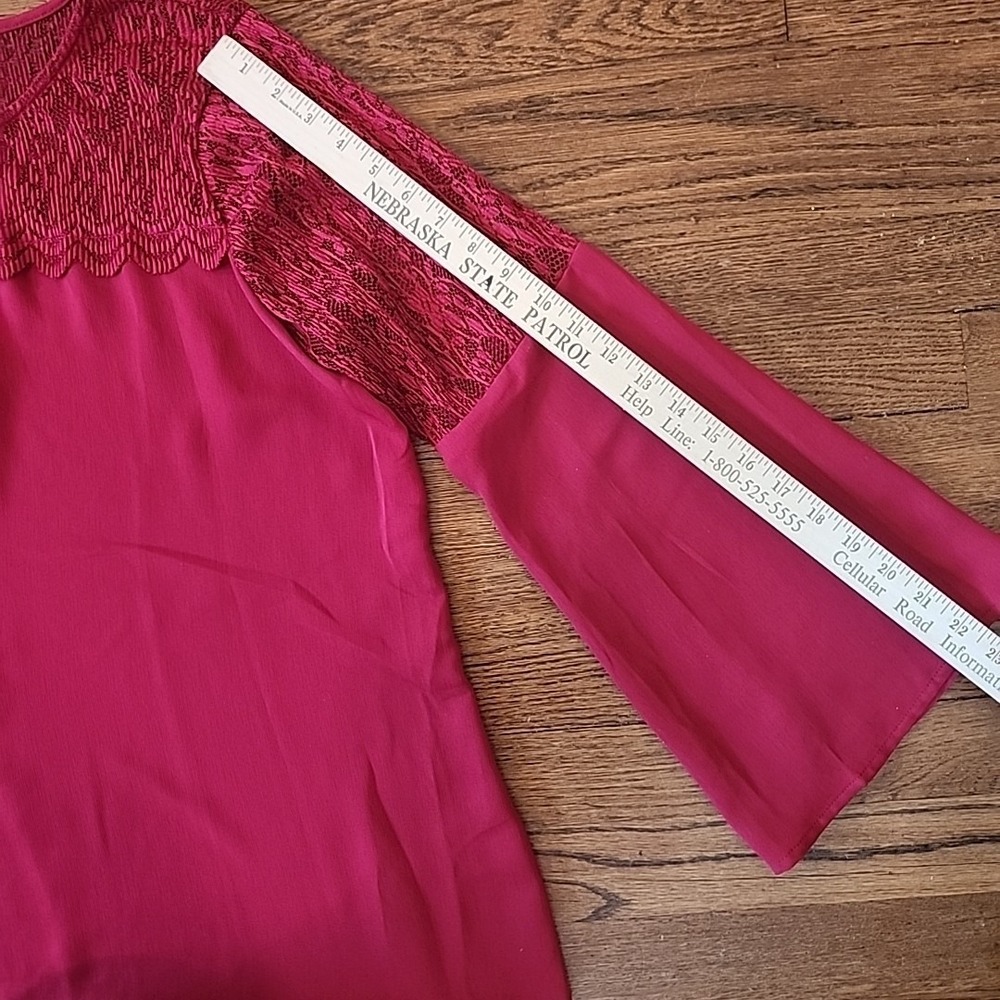 Roz & Ali Maroon Red Lace Women Top Size Large Bell Sleeve Fairy Whimsical Flowy - Picture 7 of 14